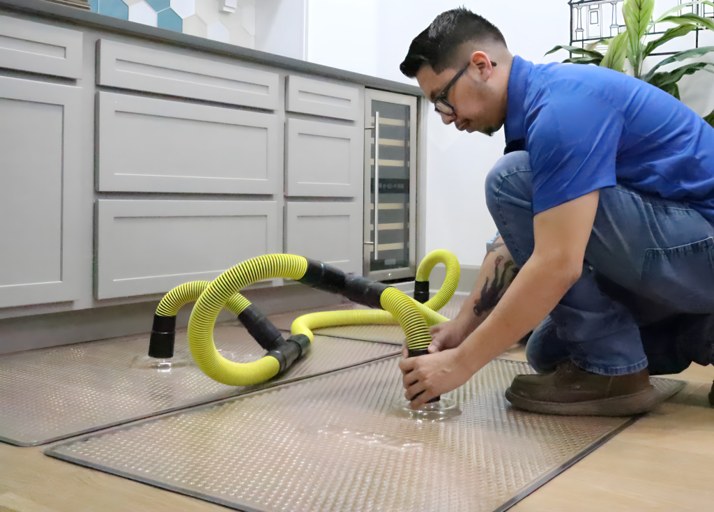 Technician drying out wood floor