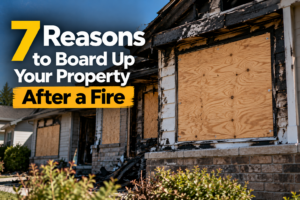 Fire-damaged house with boarded-up windows and doors, providing temporary protection after a fire.